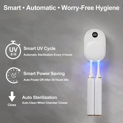 UV Toothbrush Sanitizer Holder Wall Mounted for Bathroom, Travel Toothbrush Case Design, Electric Toothbrush Holder with UVA+UVC Light & Fan Drying, USB Rechargeable Toothbrush Cleaner